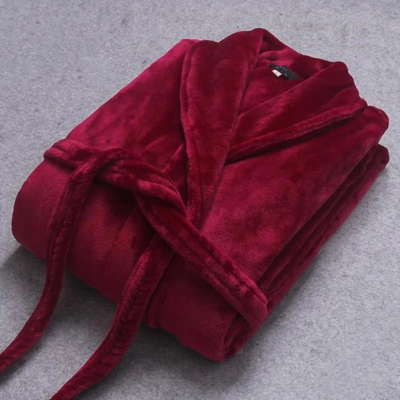 Burgundy Red Women's Coral Fleece Bathrobe with Belt & Side Pockets - Flat Lay Folded