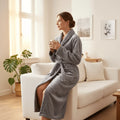 Grey Women's Coral Fleece Bathrobe with Belt & Side Pockets - Worn Lifestyle Sitting