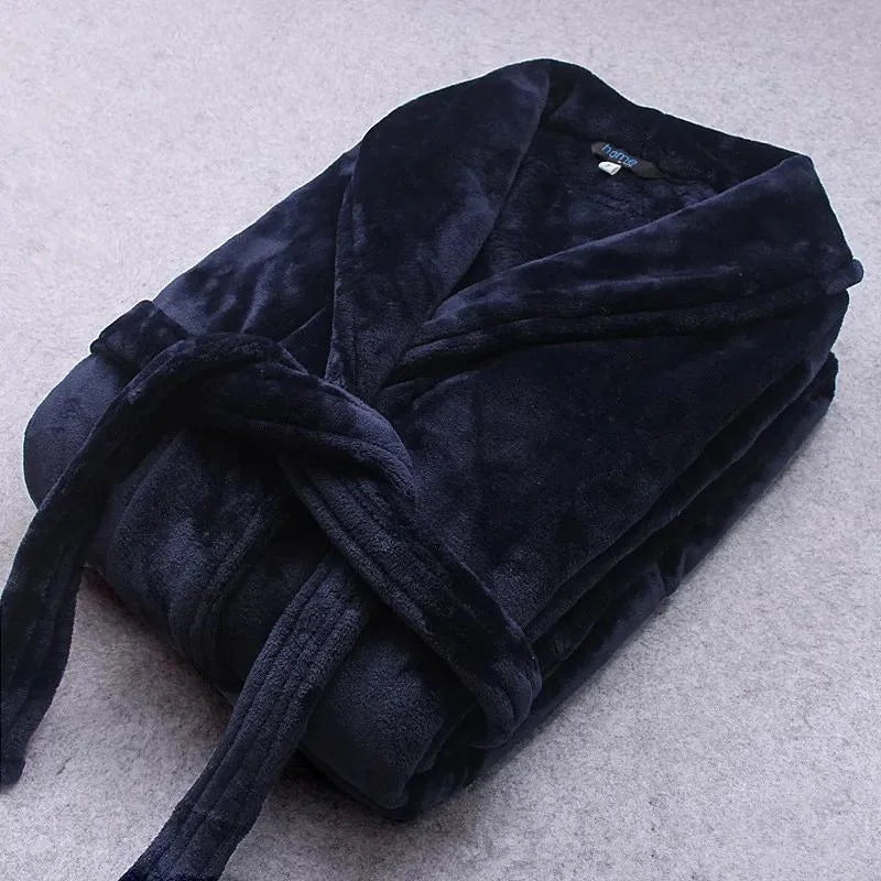 Navy Blue Women's Coral Fleece Bathrobe with Belt & Side Pockets - Flat Lay Folded