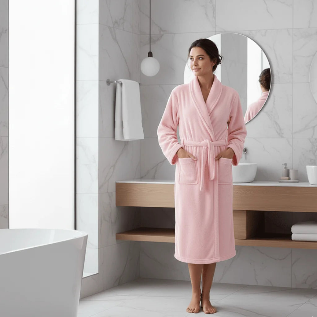 Pink Women's Coral Fleece Bathrobe with Belt & Side Pockets - Front Full Worn
