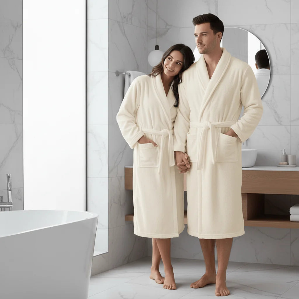 White Women's Coral Fleece Bathrobe with Belt & Side Pockets - Couple Worn Lifestyle