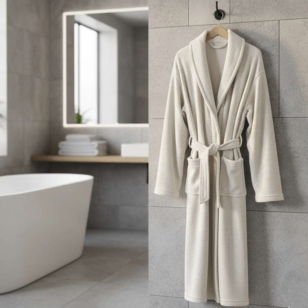 Women's Coral Fleece Bathrobe with Belt & Side Pockets - Hanging Flat Lay