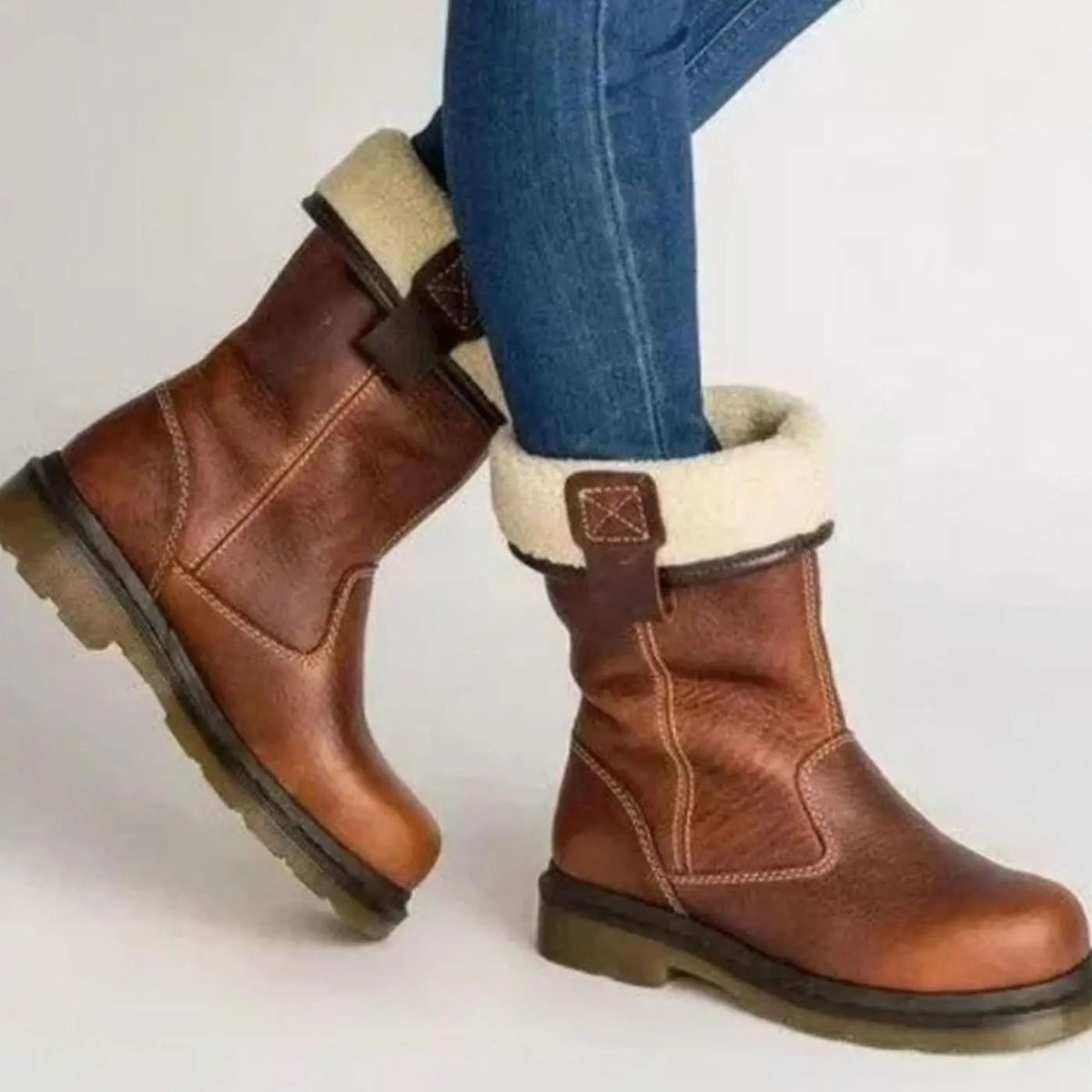 Brown Women's Fleece-Lined Leather Winter Boots with Buckle Strap Detail