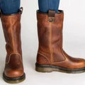 Brown Women's Fleece-Lined Leather Winter Boots with Buckle Strap Detail