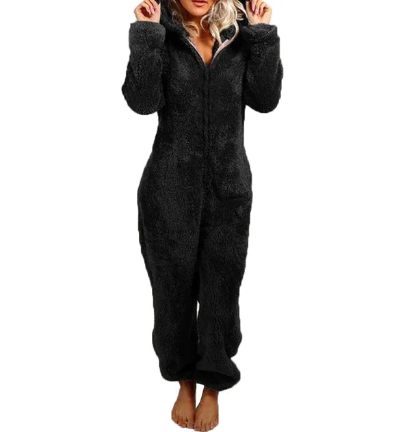 Black Women's Fleece Pajamas with Hooded Zip-Up Onesie Design
