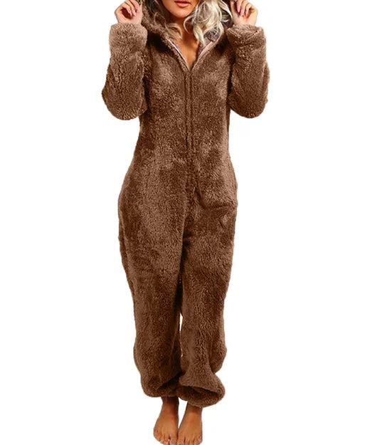 Chestnut Brown Women's Fleece Pajamas with Hooded Zip-Up Onesie Design - Front Pose