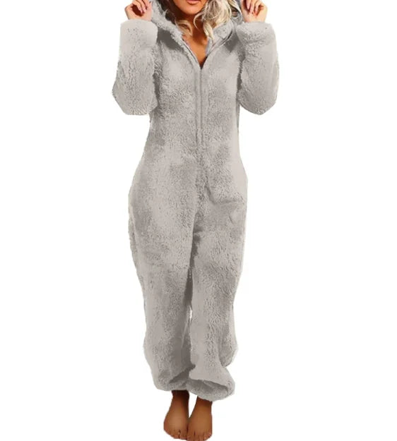 Dark Grey Women's Fleece Pajamas with Hooded Zip-Up Onesie Design - Front Full
