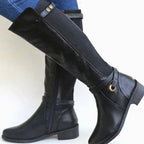 Black Women's Orthopedic Knee High Boots in Leather with Elastic Panel — Diane - Side Profile Worn