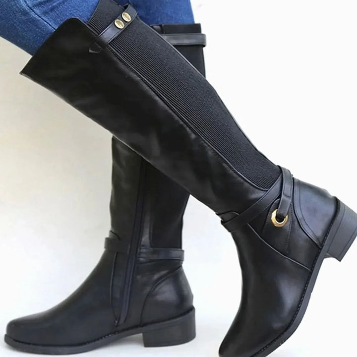 Black Women's Orthopedic Knee High Boots in Leather with Elastic Panel — Diane - Side Profile Worn