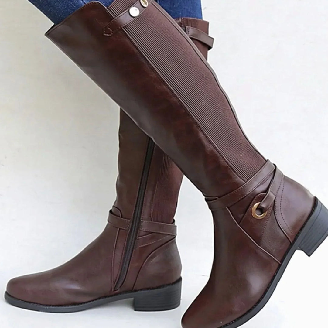 Brown Women's Orthopedic Knee High Boots in Leather with Elastic Panel — Diane - Side Profile Crossed