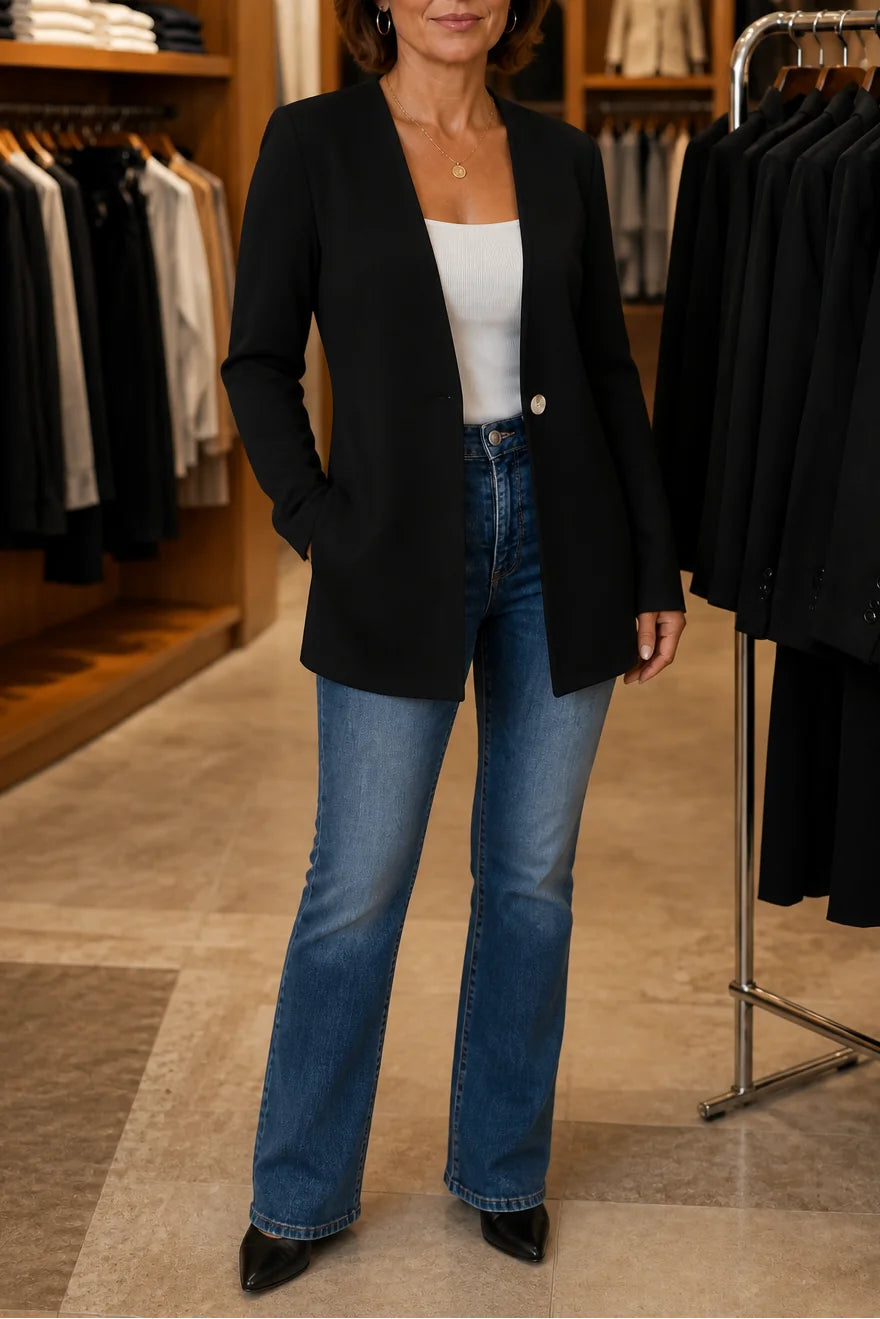 Black Women's V-Neck Single-Button Blazer with Tailored A-Line Fit