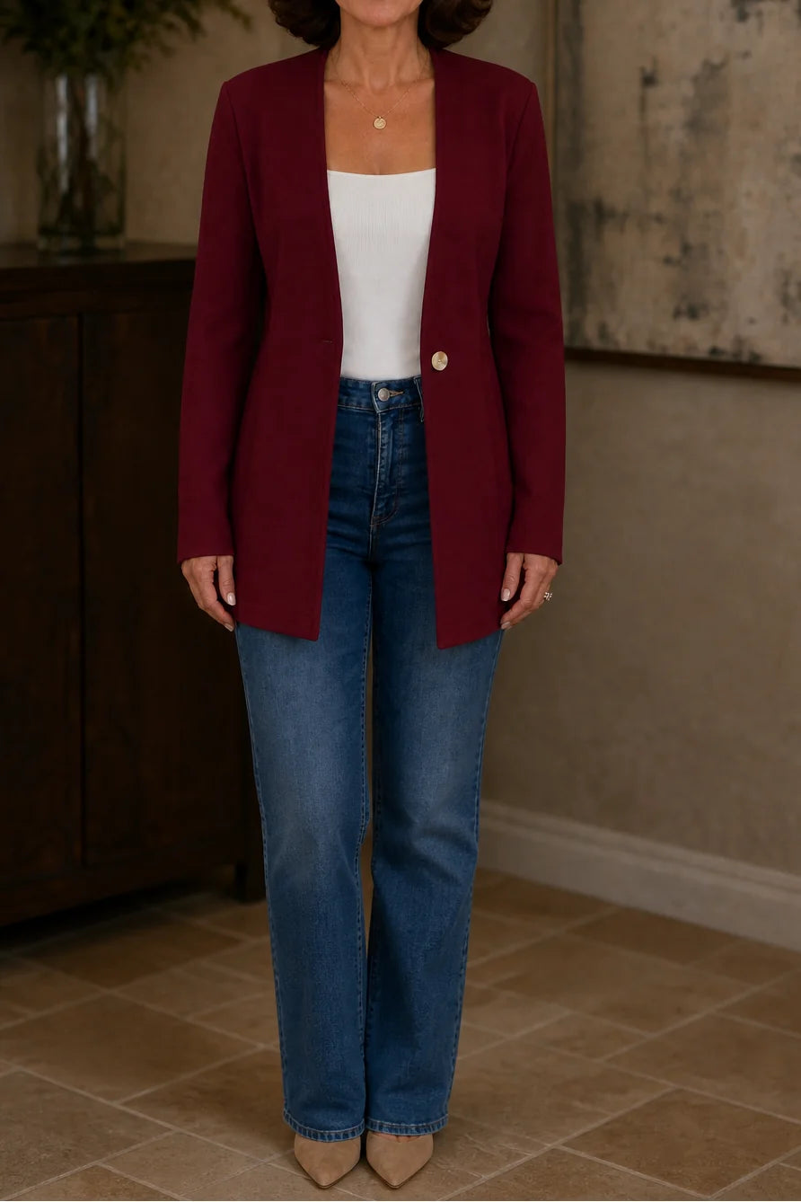 Burgundy Women's V-Neck Single-Button Blazer with Tailored A-Line Fit