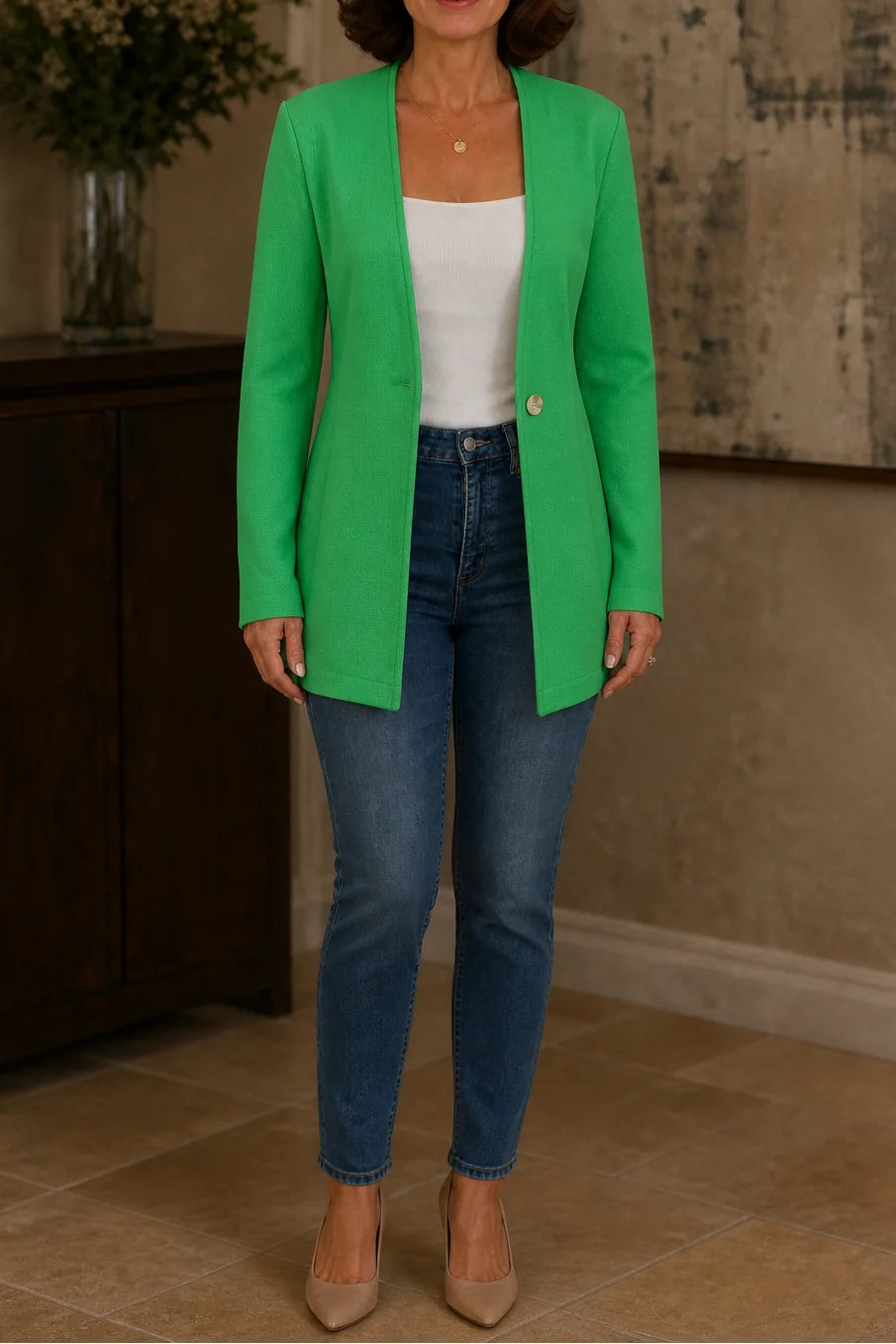 Green Women's V-Neck Single-Button Blazer with Tailored A-Line Fit