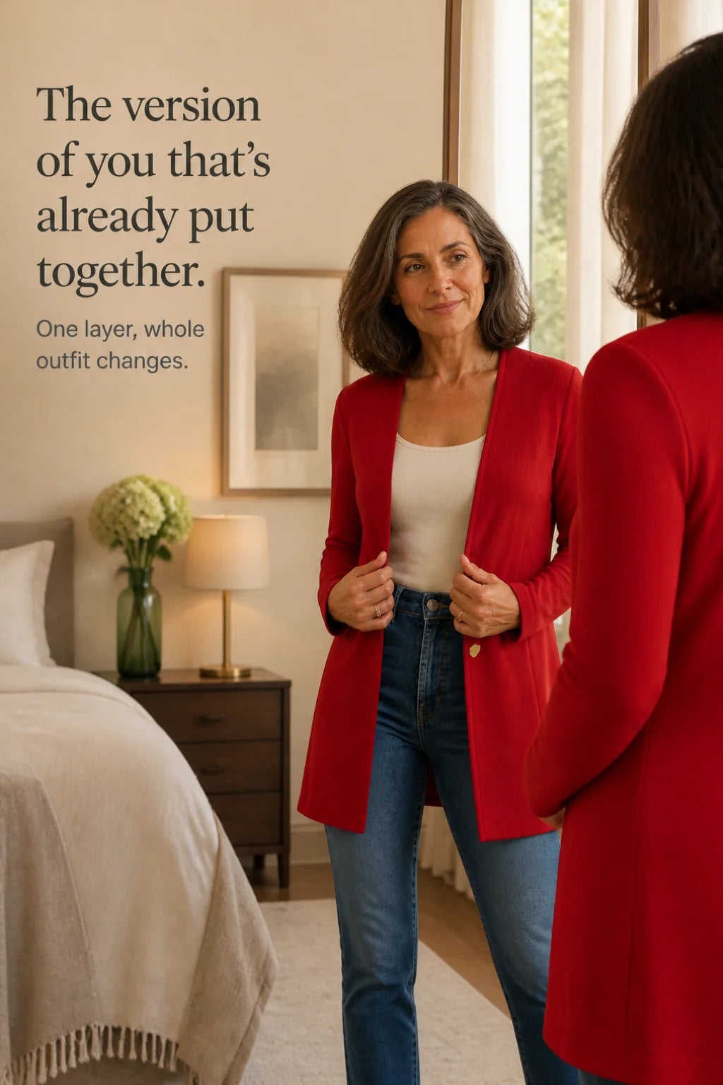Women's V-Neck Single-Button Blazer with Tailored A-Line Fit - Red Bedroom Mirror Pose