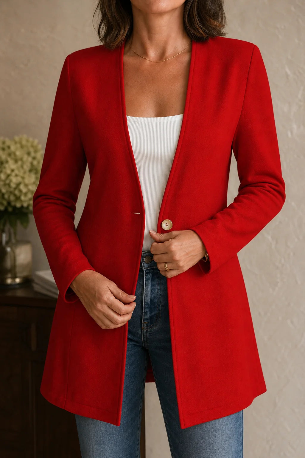 Orange Red Women's V-Neck Single-Button Blazer with Tailored A-Line Fit - Close Up Front Button