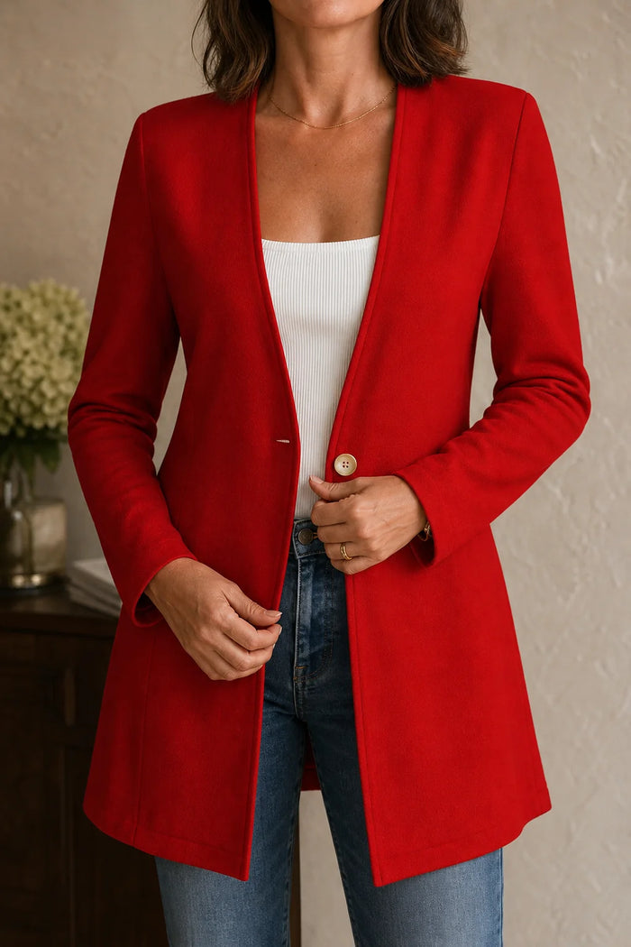 Orange Red Women's V-Neck Single-Button Blazer with Tailored A-Line Fit - Close Up Front Button