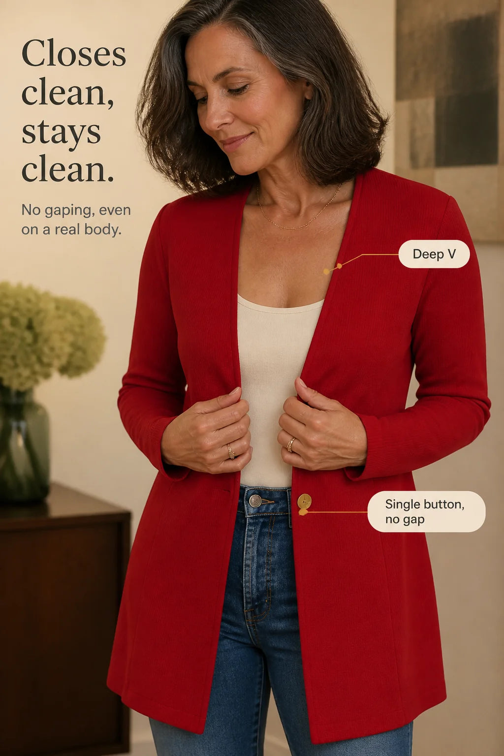 Women's V-Neck Single-Button Blazer with Tailored A-Line Fit - Red Infographic Closure Detail