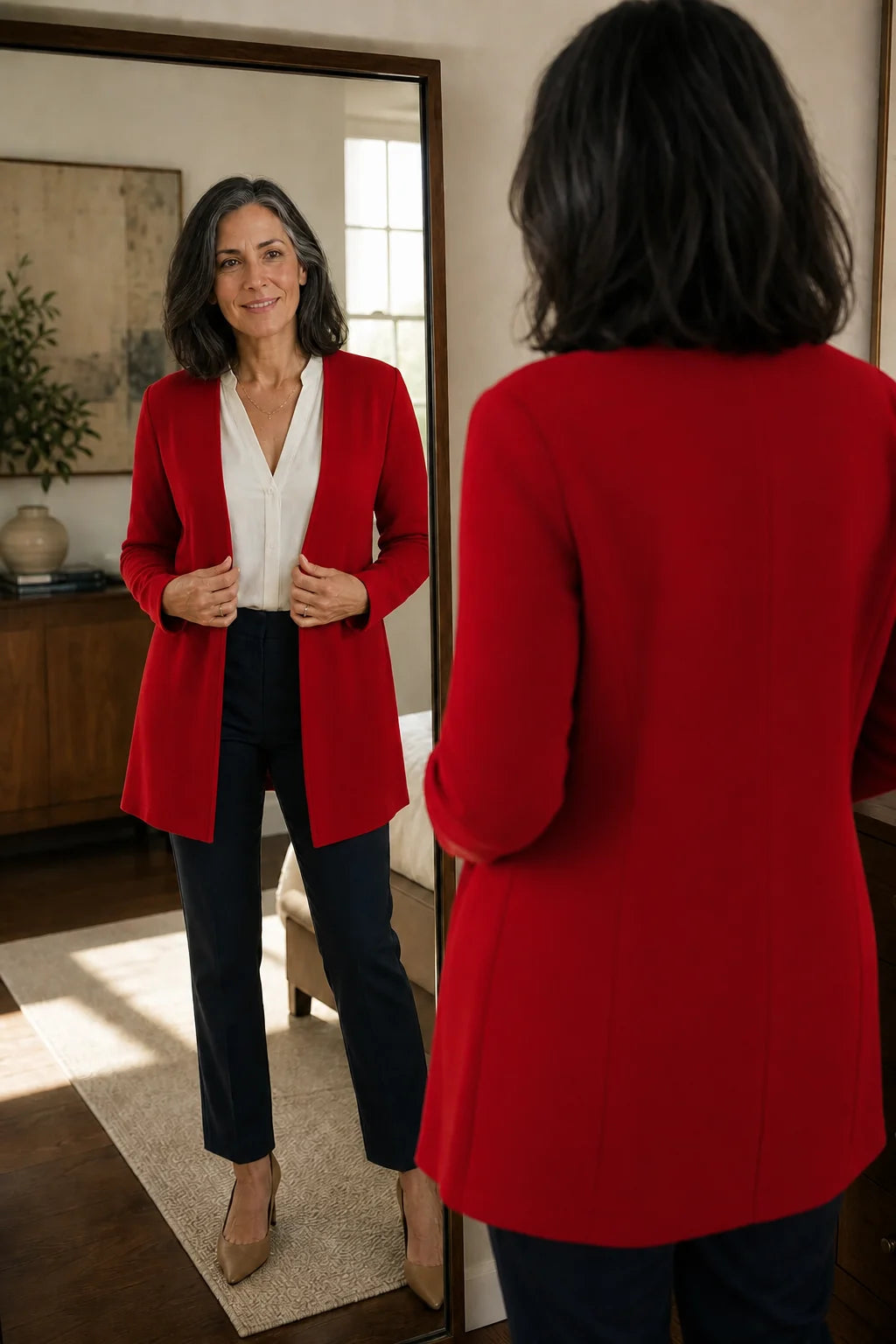 Women's V-Neck Single-Button Blazer with Tailored A-Line Fit - Red Mirror Reflection Pose