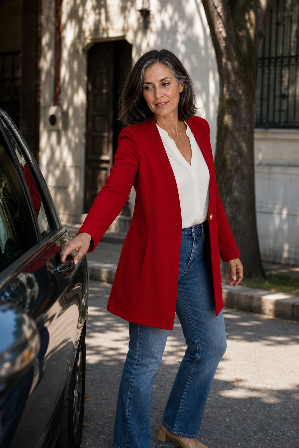 Women's V-Neck Single-Button Blazer with Tailored A-Line Fit - Red Street Car Pose