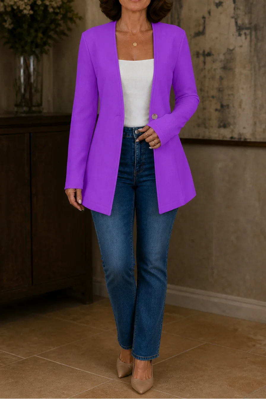 Purple Women's V-Neck Single-Button Blazer with Tailored A-Line Fit
