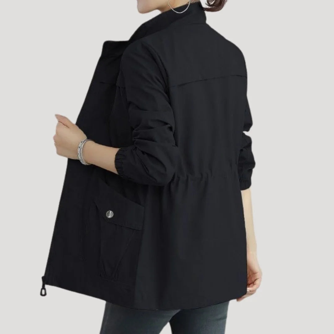 Black Women's Windbreaker Jacket with Zip Front & Adjustable Drawstring Waist — Henrietta