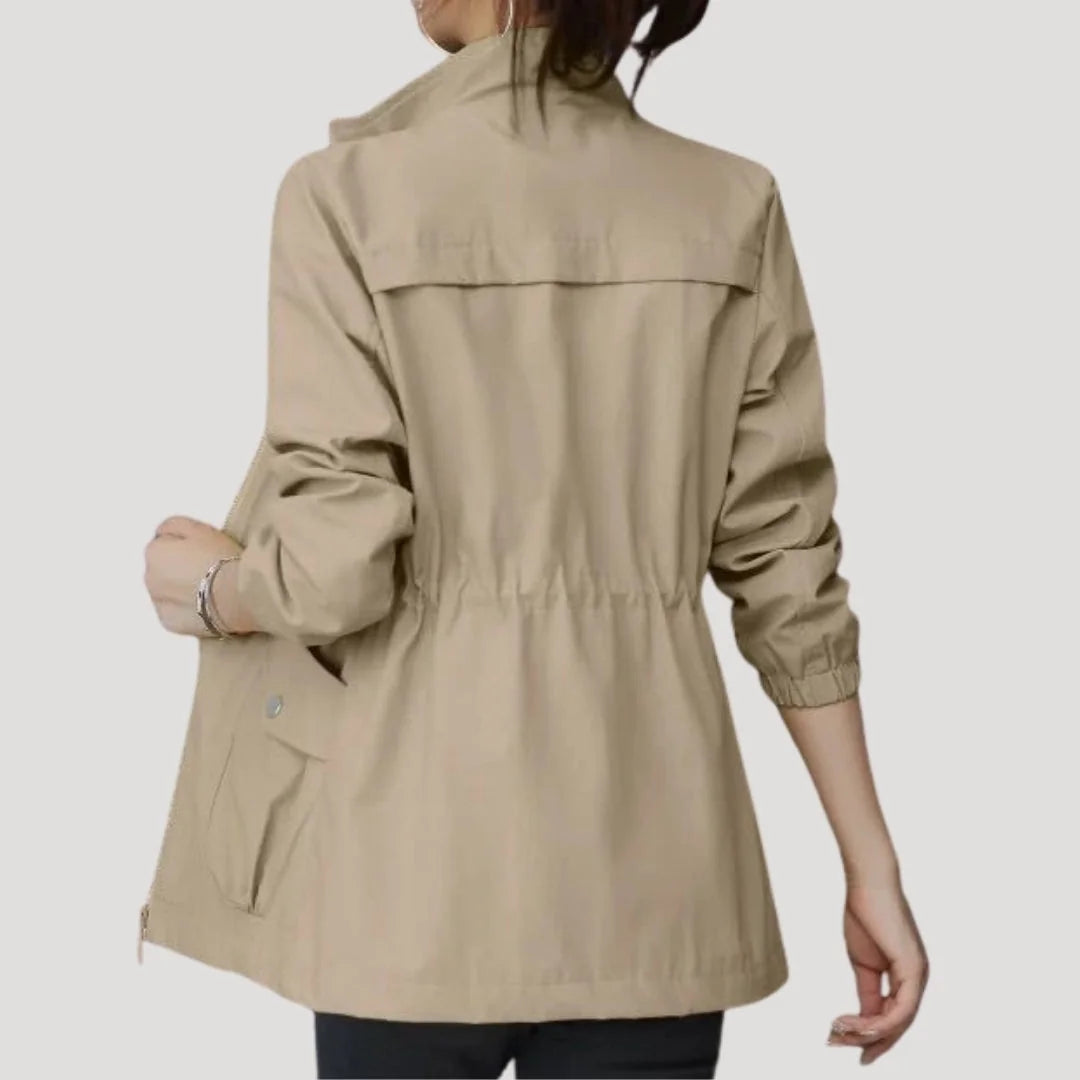 Khaki Women's Windbreaker Jacket with Zip Front & Adjustable Drawstring Waist — Henrietta - Back Full
