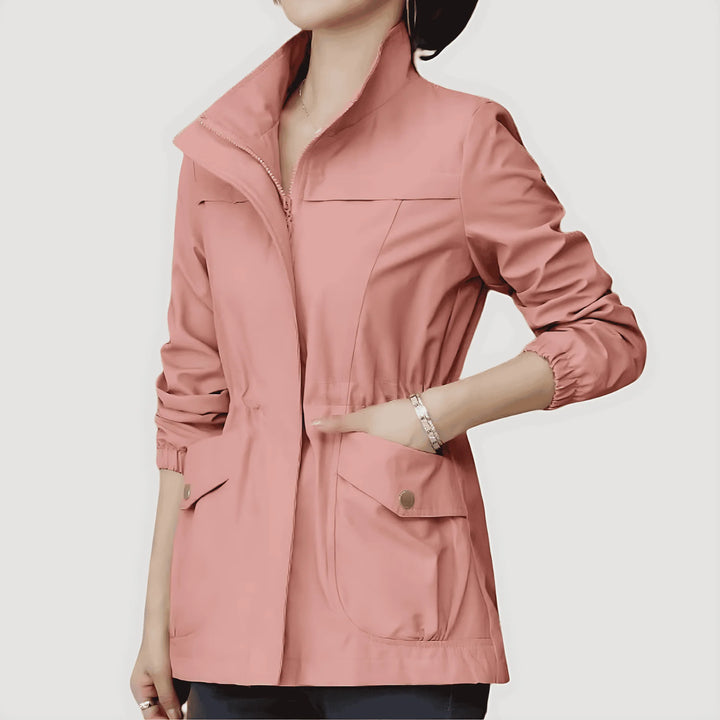 Light Pink Women's Windbreaker Jacket with Zip Front & Adjustable Drawstring Waist — Henrietta - Front Close Up