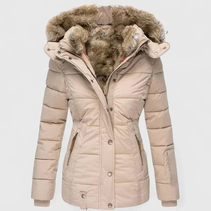 Beige Women's Winter Coat with Faux Fur Hood & Quilted Puffer Design — Abby