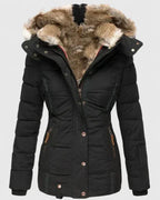 Black Women's Winter Coat with Faux Fur Hood & Quilted Puffer Design — Abby