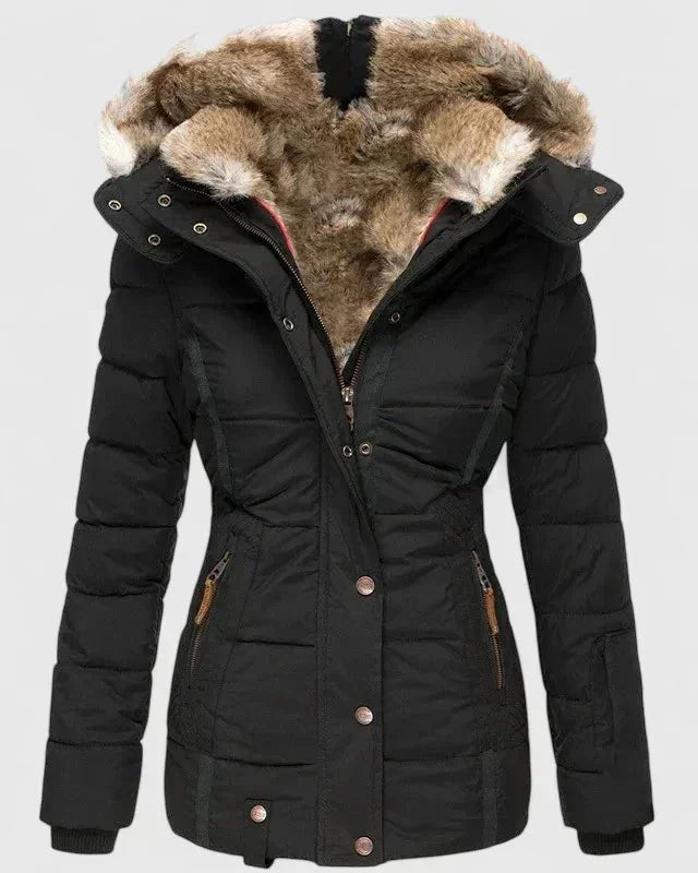 Black Women's Winter Coat with Faux Fur Hood & Quilted Puffer Design — Abby
