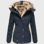 Blue Women's Winter Coat with Faux Fur Hood & Quilted Puffer Design — Abby