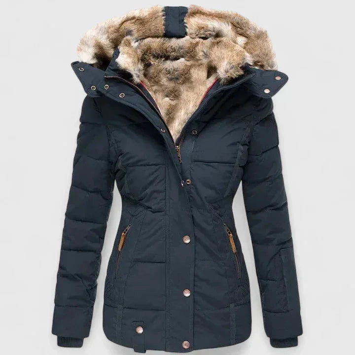 Blue Women's Winter Coat with Faux Fur Hood & Quilted Puffer Design — Abby