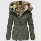 Green Women's Winter Coat with Faux Fur Hood & Quilted Puffer Design — Abby