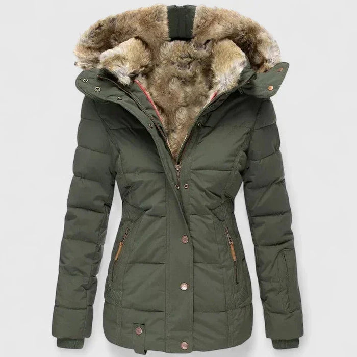 Green Women's Winter Coat with Faux Fur Hood & Quilted Puffer Design — Abby