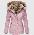 Pink Women's Winter Coat with Faux Fur Hood & Quilted Puffer Design — Abby