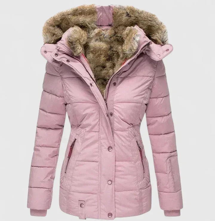 Pink Women's Winter Coat with Faux Fur Hood & Quilted Puffer Design — Abby