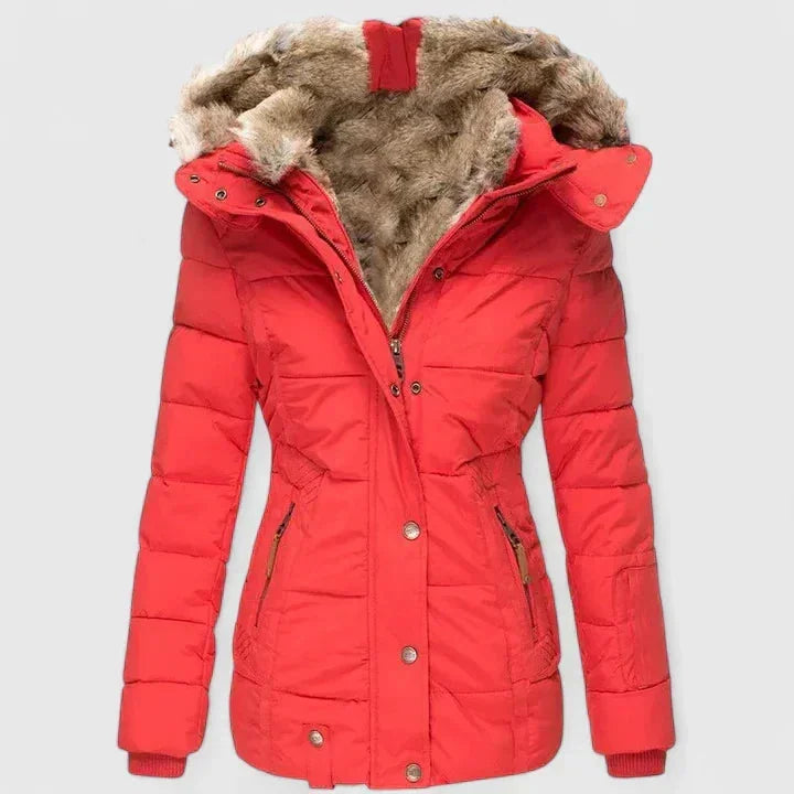Red Women's Winter Coat with Faux Fur Hood & Quilted Puffer Design — Abby