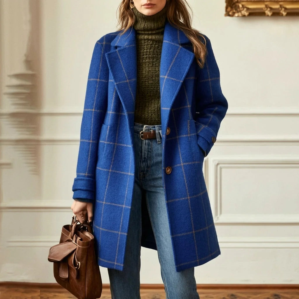 Blue Women's Wool Blend Coat with Notched Lapel & Button-Front