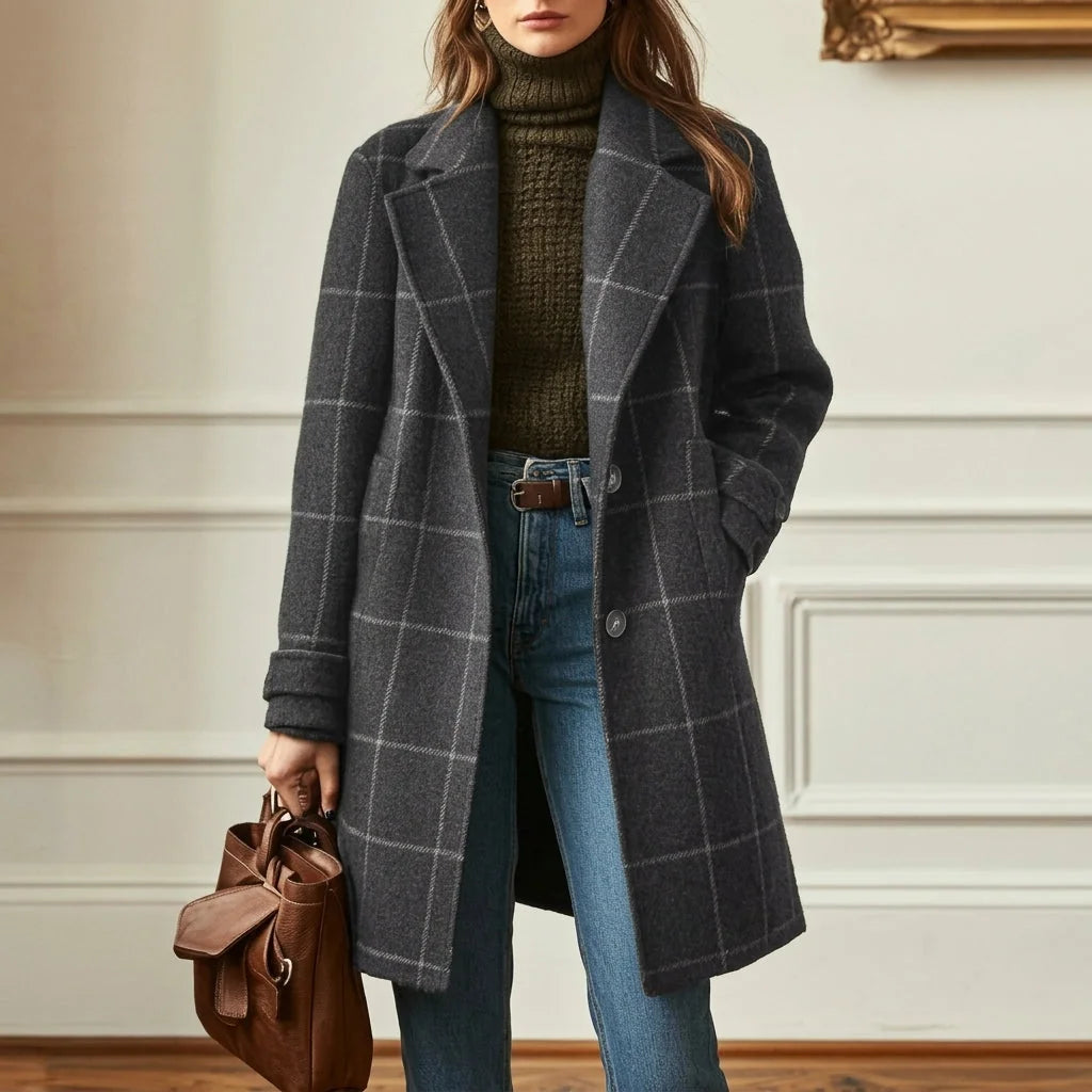 Dark Gray Women's Wool Blend Coat with Notched Lapel & Button-Front