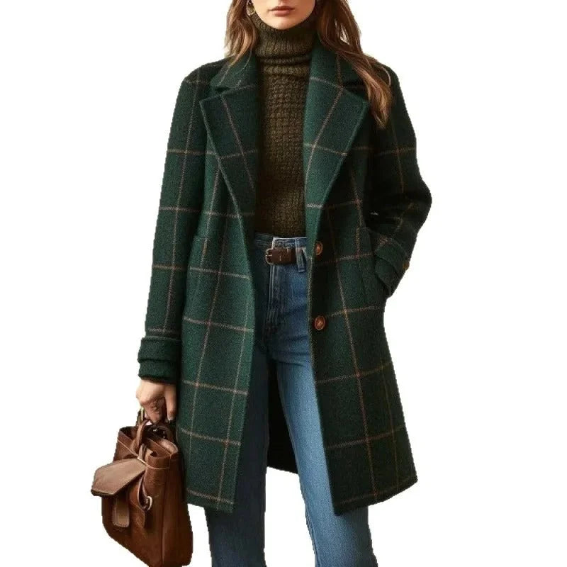 Green Women's Wool Blend Coat with Notched Lapel & Button-Front - Front Full Studio