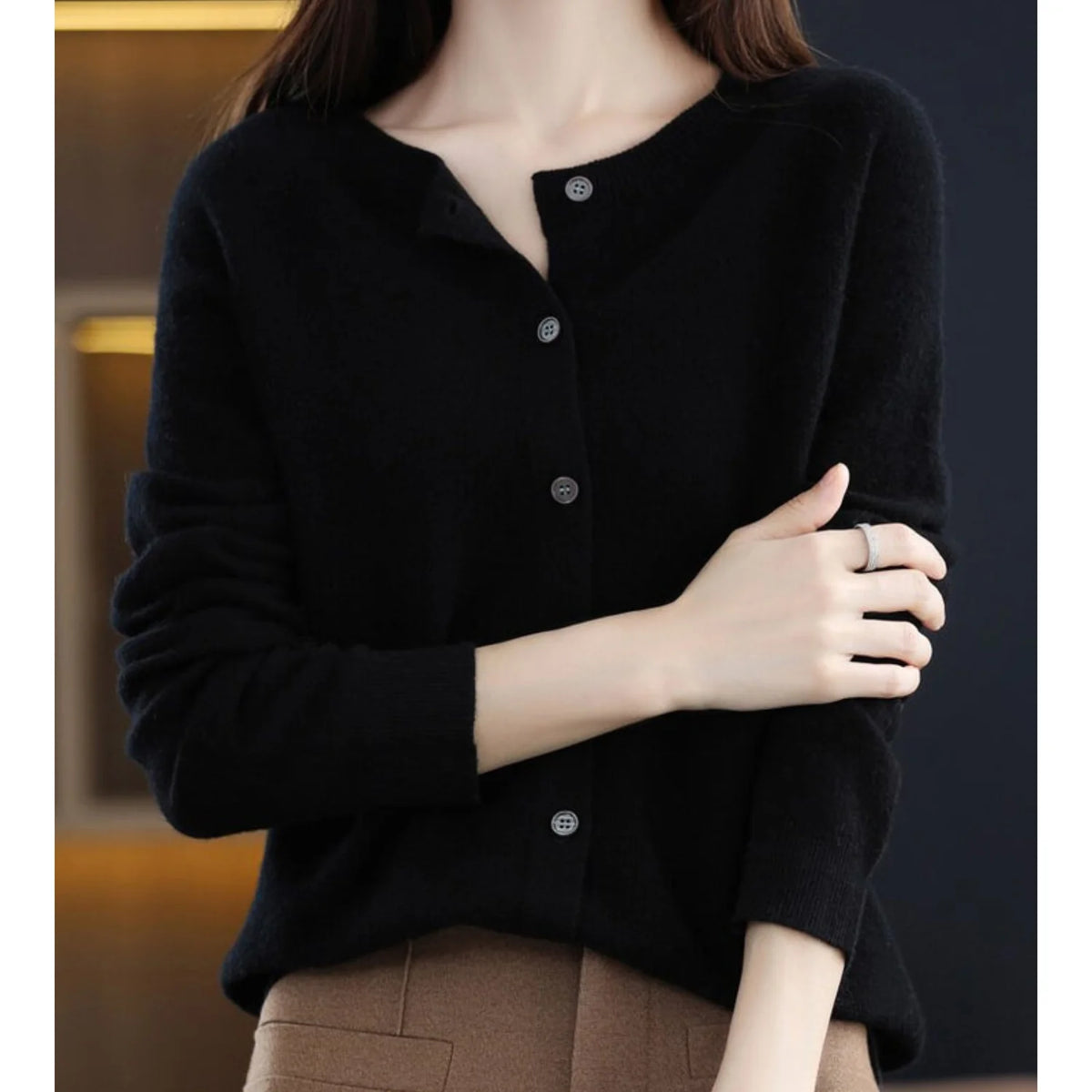 Black Women's Wool Cashmere Cardigan with Button-Front Closure & O-Neck Design