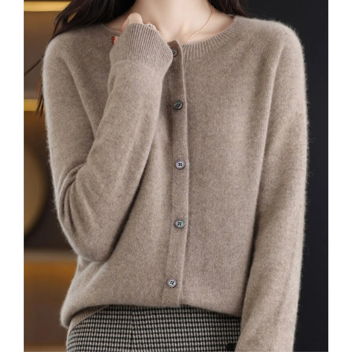 Brown Women's Wool Cashmere Cardigan with Button-Front Closure & O-Neck Design