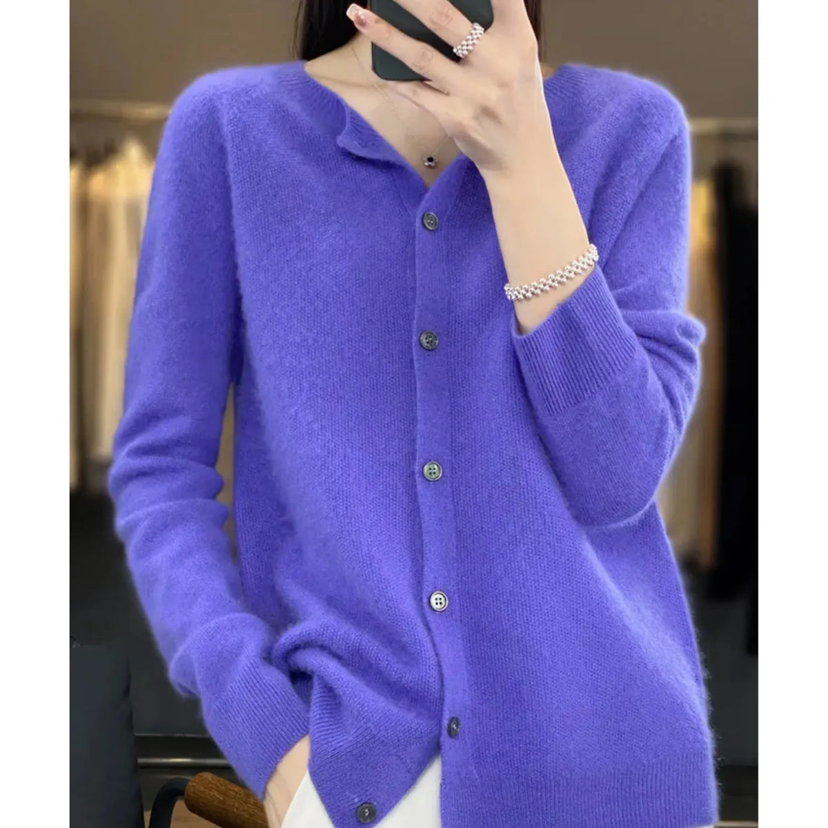 Dark Blue Women's Wool Cashmere Cardigan with Button-Front Closure & O-Neck Design