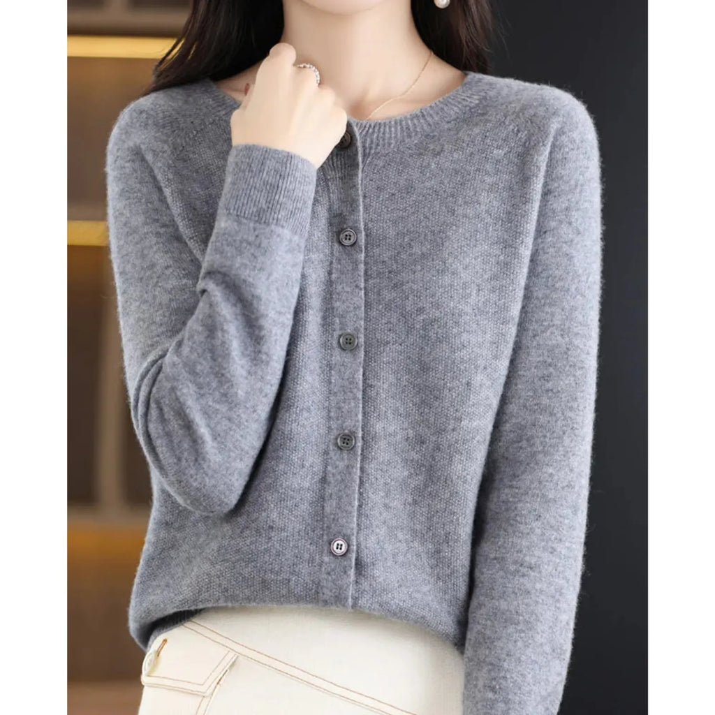 Grey Women's Wool Cashmere Cardigan with Button-Front Closure & O-Neck Design