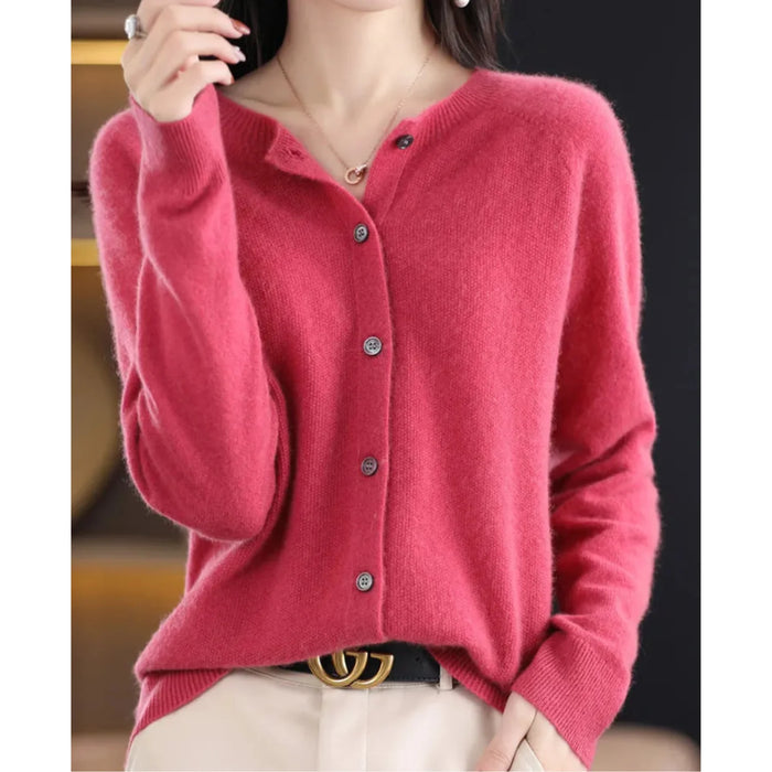 Hot Pink Women's Wool Cashmere Cardigan with Button-Front Closure & O-Neck Design