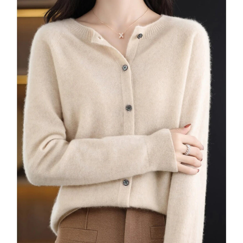 Khaki Women's Wool Cashmere Cardigan with Button-Front Closure & O-Neck Design