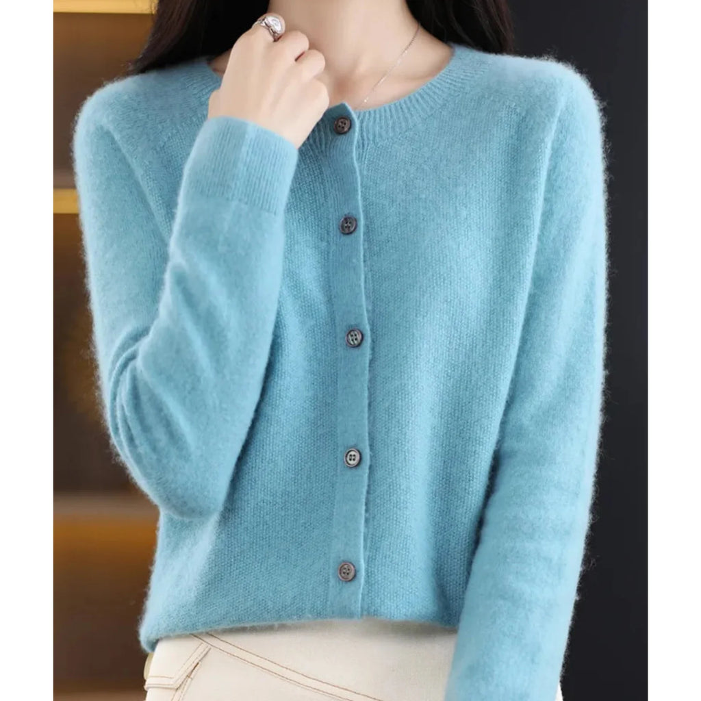 Light Blue Women's Wool Cashmere Cardigan with Button-Front Closure & O-Neck Design