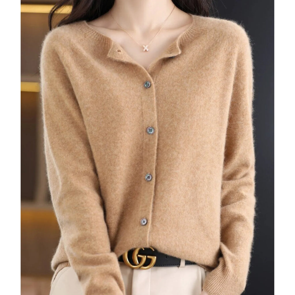 Light Brown Women's Wool Cashmere Cardigan with Button-Front Closure & O-Neck Design