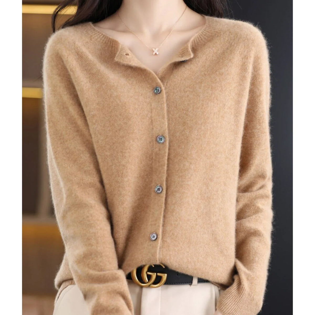Light Brown Women's Wool Cashmere Cardigan with Button-Front Closure & O-Neck Design