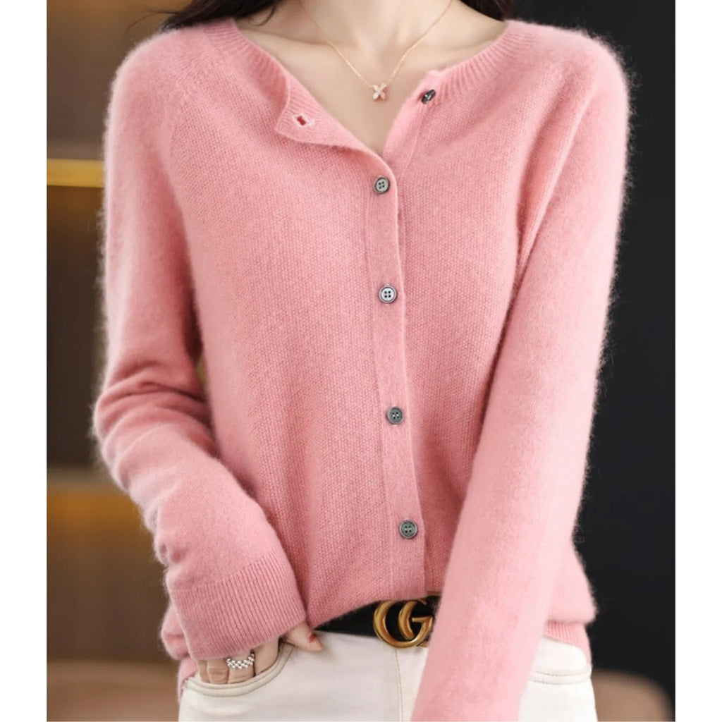 Light Pink Women's Wool Cashmere Cardigan with Button-Front Closure & O-Neck Design